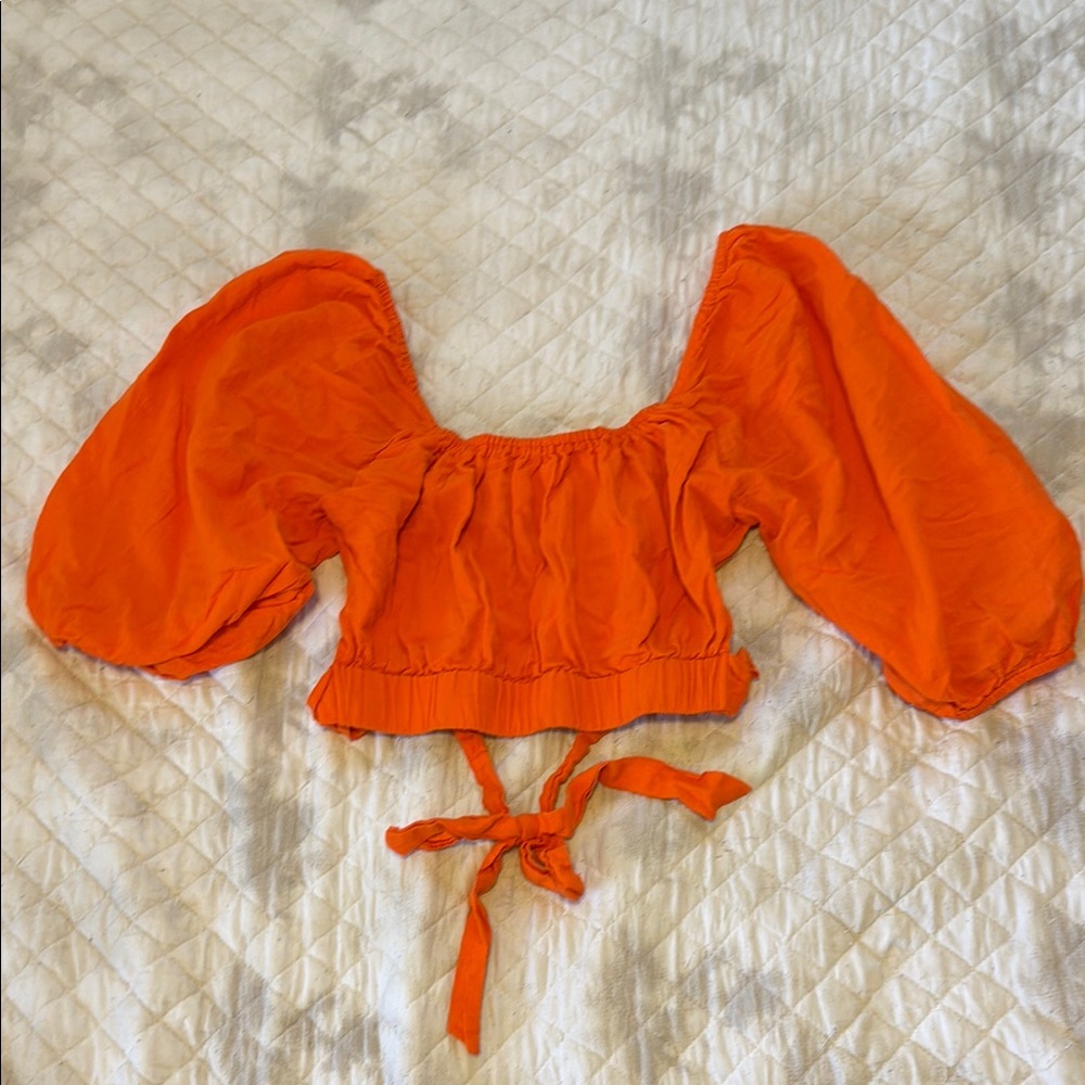 Topshop Orange Puff Sleeve Back Tie Blouse